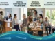 A four-panel infographic illustrating the continuum of addiction treatment care from left to right: standard outpatient check-in, a partial hospitalization program (PHP) therapy session, an intensive outpatient program (IOP) group workshop, and inpatient residential care in a comfortable room. A blue and green wave graphic with arrows runs along the bottom to show progression.