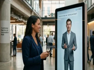 A businesswoman holding a smartphone smiles as she interacts with a life-sized AI digital presenter displayed on a large vertical kiosk screen in a modern office lobby.