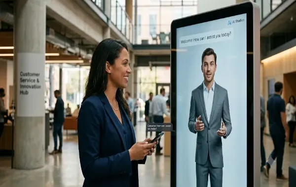 A businesswoman holding a smartphone smiles as she interacts with a life-sized AI digital presenter displayed on a large vertical kiosk screen in a modern office lobby.