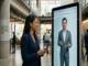 A businesswoman holding a smartphone smiles as she interacts with a life-sized AI digital presenter displayed on a large vertical kiosk screen in a modern office lobby.
