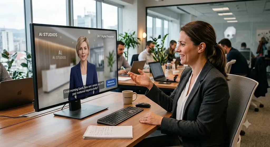 A businesswoman in a grey blazer sits at a desk in a modern office, smiling and gesturing toward a large computer monitor displaying a female AI digital presenter from AI Studios.