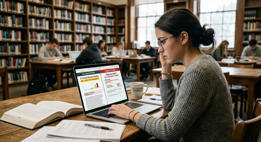 A stressed female student looking at a laptop screen split between an AI content detector showing 84% likely AI-generated and a plagiarism checker showing 92% similarity found in a university library.