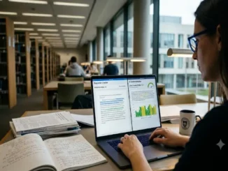 A woman with glasses sits at a library desk using a laptop that displays a split-screen view of a Plagiarism Checker (6% similarity) and an AI Content Detector (92% likely human written). Open notebooks and research papers sit on the table.