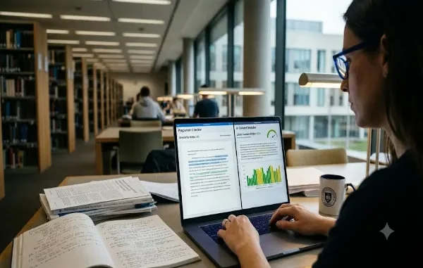 A woman with glasses sits at a library desk using a laptop that displays a split-screen view of a Plagiarism Checker (6% similarity) and an AI Content Detector (92% likely human written). Open notebooks and research papers sit on the table.