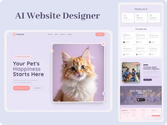 An example of a pet care landing page layout generated by an AI website designer, featuring a prominent image of a long-haired orange cat, clean typography, and customer testimonials.