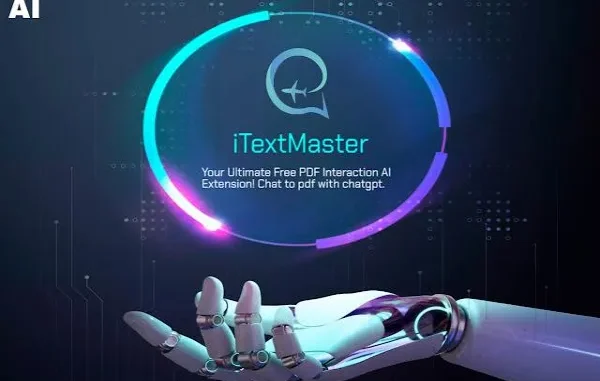 A robotic humanoid hand holding a glowing holographic ring displaying an AI landing page tool logo and text on a digital tech background.