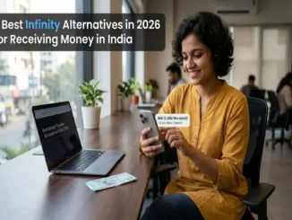 A smiling Indian woman in a yellow top sitting at a modern office desk, looking at her smartphone which displays a notification for receiving INR 12,500 via Wise Transfer. A laptop showing an article about money transfer alternatives and Indian Rupee notes are visible on the wooden table.