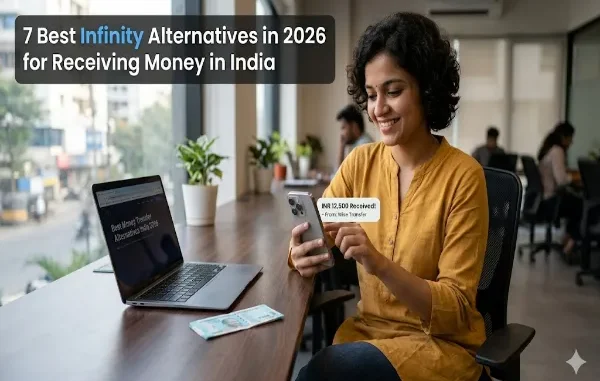 A smiling Indian woman in a yellow top sitting at a modern office desk, looking at her smartphone which displays a notification for receiving INR 12,500 via Wise Transfer. A laptop showing an article about money transfer alternatives and Indian Rupee notes are visible on the wooden table.