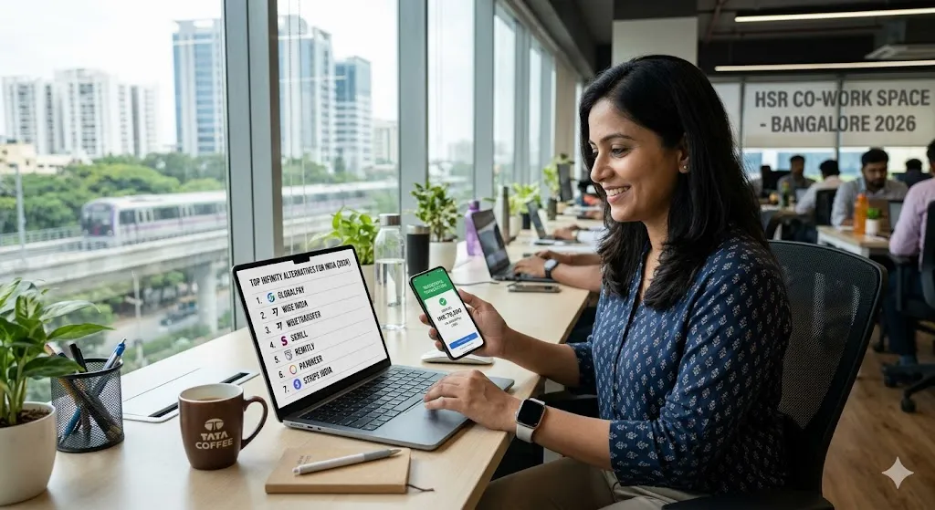 An Indian female professional sitting in a modern Bangalore coworking space, smiling while checking a successful money transfer on her smartphone next to a laptop displaying a list of the 7 best Infinity alternatives for receiving money in India.