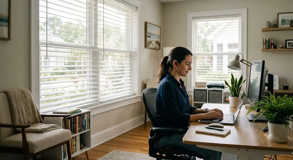 A woman working on a laptop at a wooden desk in a bright home office featuring large windows with white horizontal blinds that control natural light.
