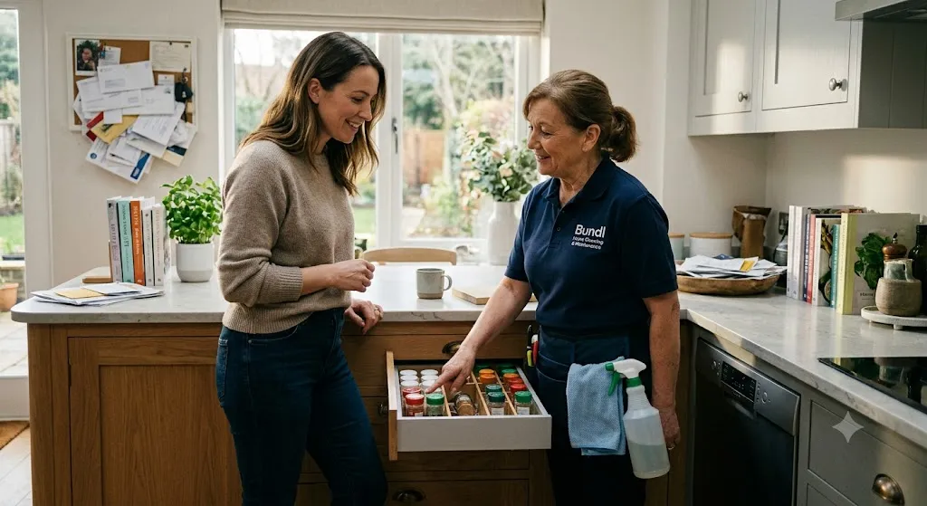 A professional home organizer from Bundl Home Cleaning & Maintenance, wearing a blue polo shirt, shows a smiling woman her perfectly organized kitchen spice drawer in a bright, modern kitchen.