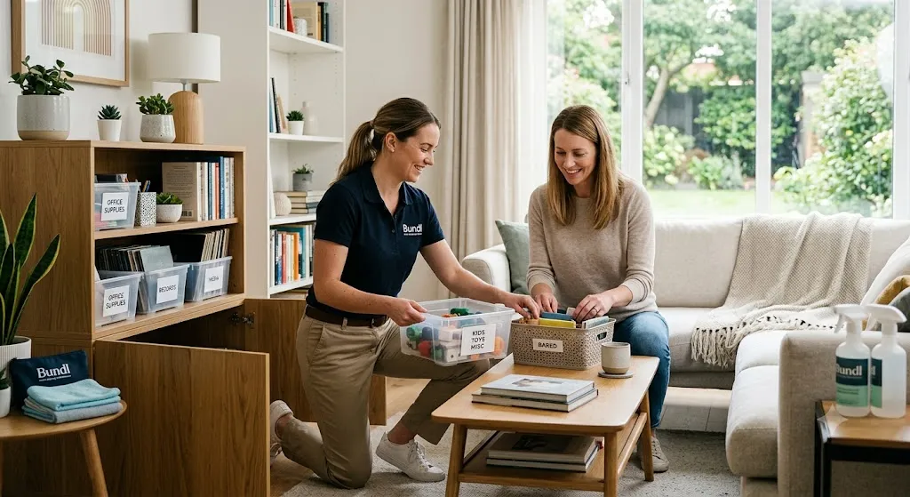 A professional female home organizer wearing a navy blue Bundl polo shirt and khaki pants smiles while helping a female homeowner sort items in a bright, modern living room. The organizer is kneeling beside a coffee table, holding a clear storage bin labeled "KIDS TOYS MISC," while the homeowner sits on the sofa organizing a woven basket. In the background, a neat wooden bookshelf holds labeled bins for "OFFICE SUPPLIES" and books, while Bundl-branded cleaning spray bottles sit on a side table near a large window.