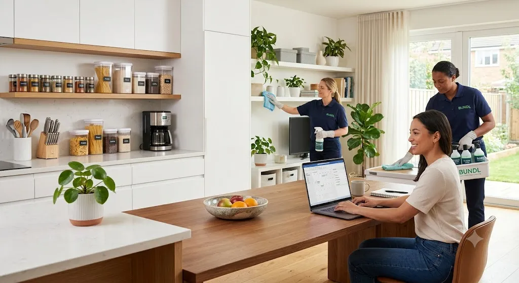 An open-concept kitchen and dining area showcasing the connection between professional home care and daily productivity. In the foreground, a woman sits comfortably at a wooden dining table, smiling while working on a laptop that displays an organized digital calendar. In the background, two professional home cleaners wearing matching dark blue shirts with the "BUNDL" logo are meticulously organizing and cleaning the space—one is dusting a minimalist shelf lined with green plants, while the other carries a caddy filled with eco-friendly cleaning supplies. The kitchen features perfectly organized countertops, neatly labeled glass spice jars, and clear pantry containers on open wooden shelves, creating a bright, calm, and highly functional living environment.