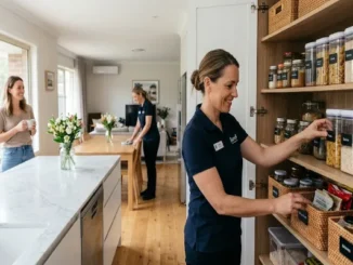 A professional home organizer from Bundl neatly arranging labeled jars and baskets inside a kitchen pantry, while another team member cleans a dining table and the homeowner relaxes in the background.