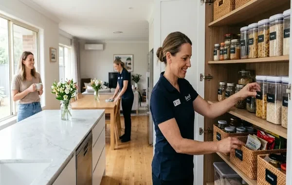 A professional home organizer from Bundl neatly arranging labeled jars and baskets inside a kitchen pantry, while another team member cleans a dining table and the homeowner relaxes in the background.