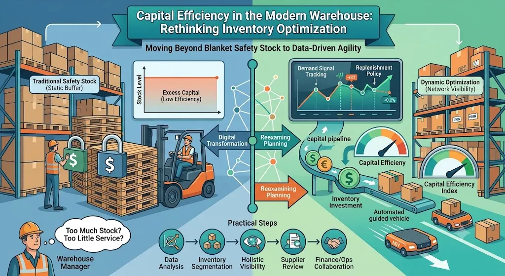 An infographic titled "Capital Efficiency in the Modern Warehouse" contrasting traditional and data-driven inventory management. The left side illustrates a traditional warehouse with locked pallets and a flat line graph representing "Excess Capital" and trapped funds. The right side shows a modern, data-driven warehouse featuring automated vehicles, dynamic demand-tracking dashboards, and performance gauges indicating high capital efficiency. The bottom highlights a five-step flowchart: Data Analysis, Inventory Segmentation, Holistic Visibility, Supplier Review, and Finance/Ops Collaboration.