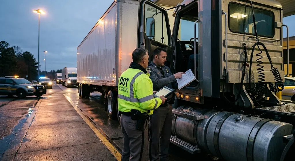 A Department of Transportation (DOT) officer in a neon yellow safety jacket and a state trooper review logbooks and electronic data on a tablet next to a semi-truck during a roadside safety inspection at dawn.