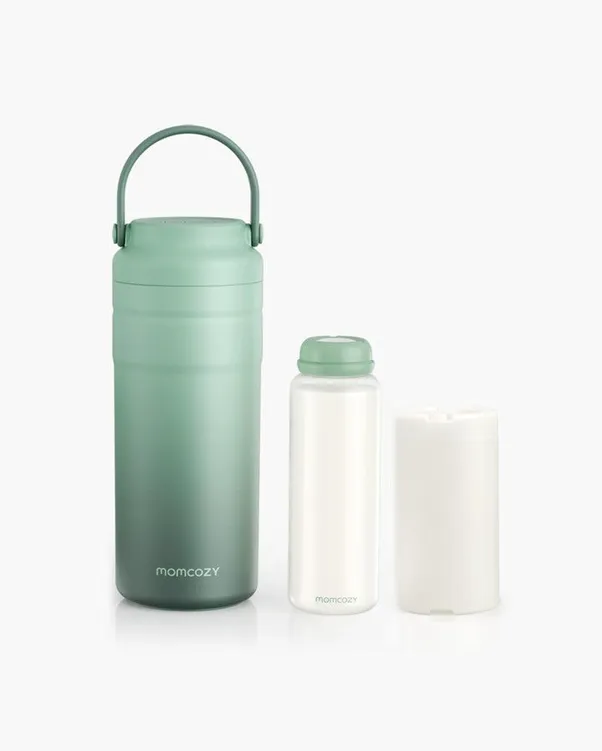 A Momcozy portable breast milk cooler thermos with a green gradient design and a carrying handle, shown next to a clear breast milk storage bottle and a white cooling ice pack insert against a white background.