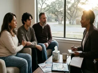 A diverse family of three sits supportively together in a sunlit Austin, Texas counseling office, engaged in conversation with a compassionate African American therapist who is taking notes. A tablet on the table displays a map of Texas.