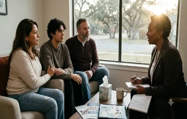 A diverse family of three sits supportively together in a sunlit Austin, Texas counseling office, engaged in conversation with a compassionate African American therapist who is taking notes. A tablet on the table displays a map of Texas.
