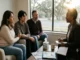 A diverse family of three sits supportively together in a sunlit Austin, Texas counseling office, engaged in conversation with a compassionate African American therapist who is taking notes. A tablet on the table displays a map of Texas.