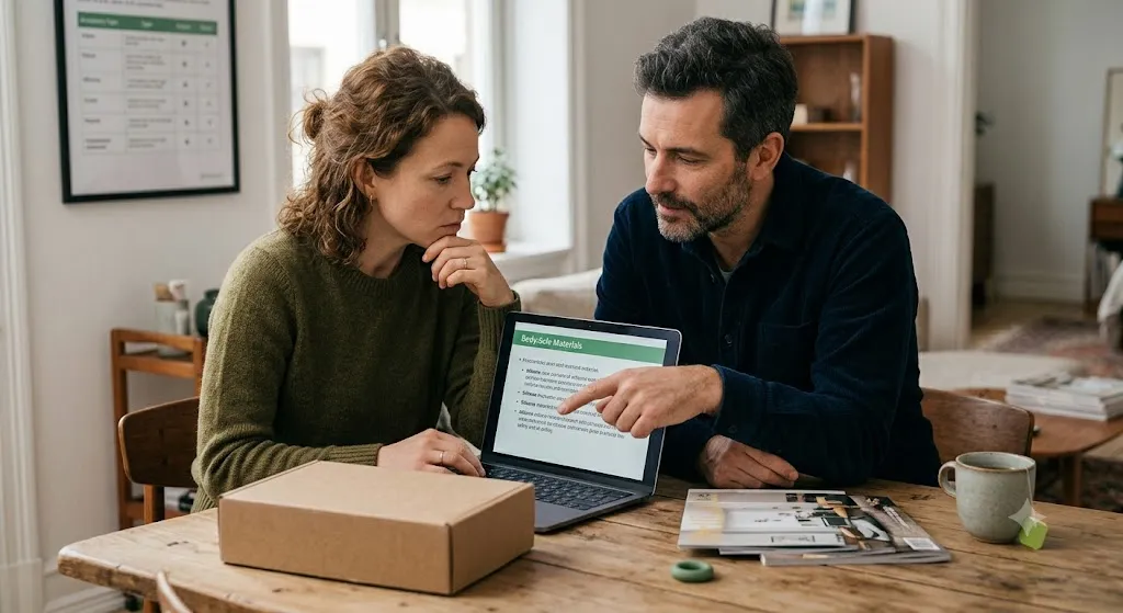 A focused couple sitting at a wooden table looking at a laptop screen displaying a guide titled Body-Safe Materials next to an unopened cardboard box.