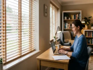 A woman works on a laptop in a cozy home office, featuring large windows with wood blinds filtering the daylight.