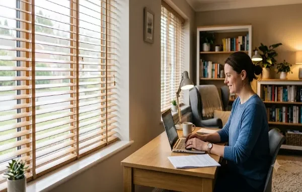 A woman works on a laptop in a cozy home office, featuring large windows with wood blinds filtering the daylight.