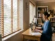 A woman works on a laptop in a cozy home office, featuring large windows with wood blinds filtering the daylight.