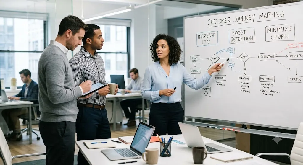 A diverse corporate team collaborates in a modern, open-plan office around a large white whiteboard titled "Customer Journey Mapping." A woman in a light blue blouse points a marker at a detailed flowchart on the board, which features boxes labeled "INCREASE LTV," "BOOST RETENTION," and "MINIMIZE CHURN." Two male colleagues look on attentively—one taking notes on a digital tablet and the other holding a coffee mug. In the foreground, a conference table holds open laptops, notebooks, and pens, while other employees work at desks in the background.