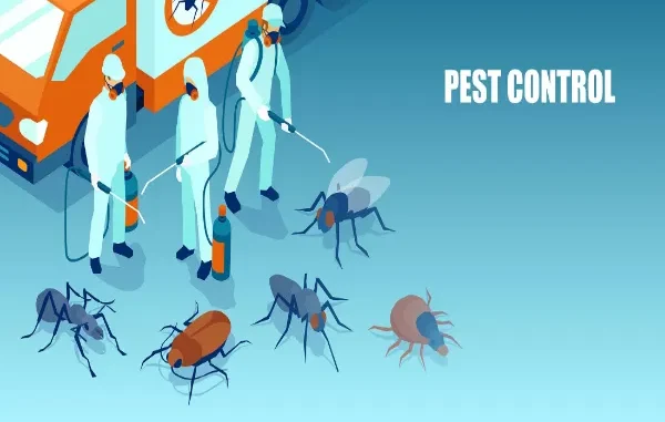 Isometric illustration of pest control professionals in protective gear and masks managing various oversized pests next to a service truck, representing modern, data-driven pest management for compliance audits.