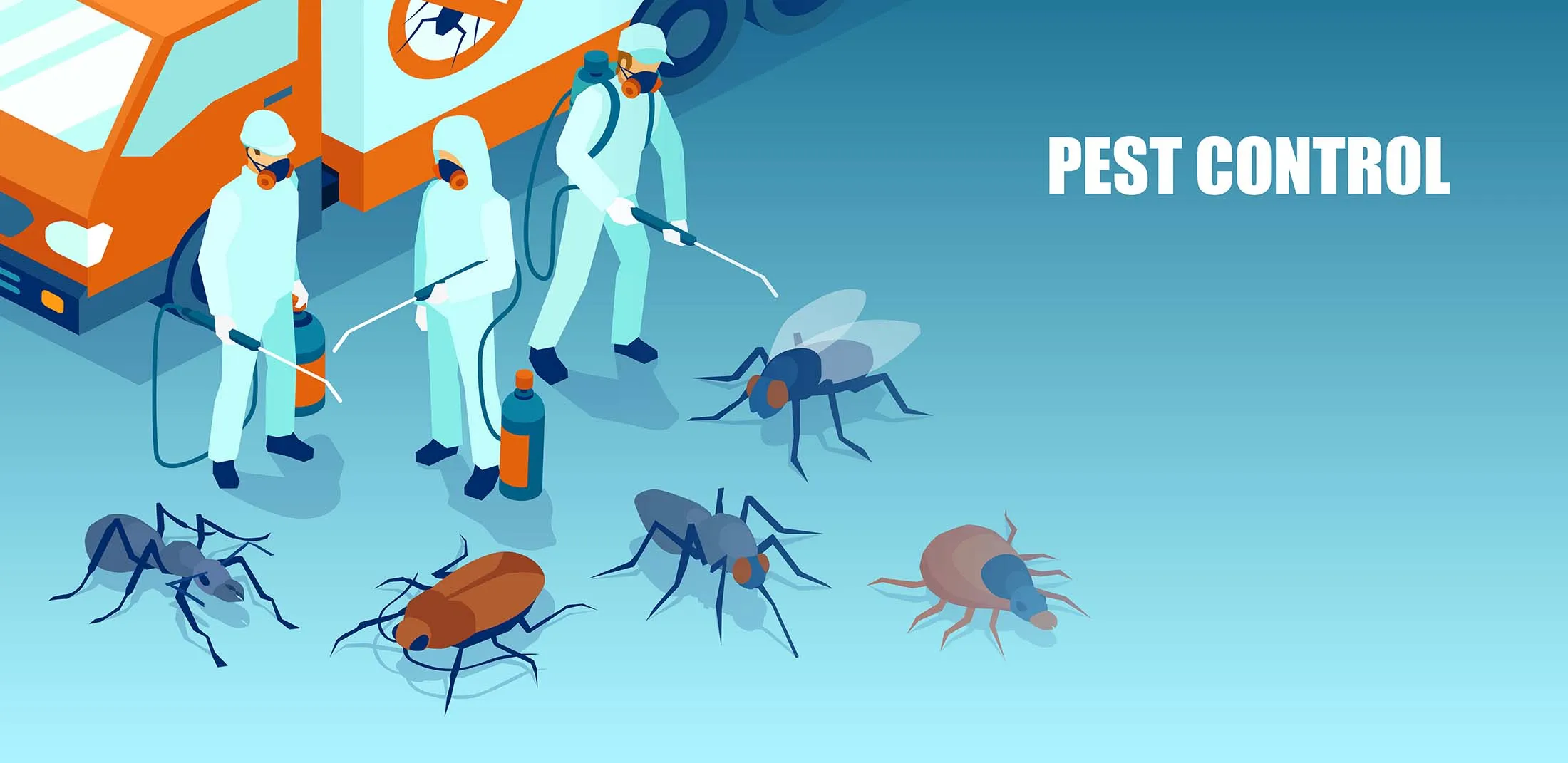 Isometric illustration of pest control professionals in protective gear using spraying equipment next to an orange service truck, targeting oversized insects including an ant, beetle, fly, and tick, with "PEST CONTROL" text on a blue background.