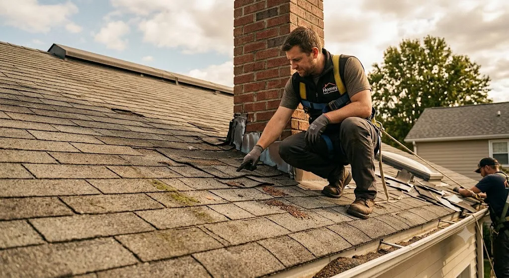 Close-up view of asphalt roof shingles showing early signs of wear, curling edges, and granule loss needing timely roof repair.