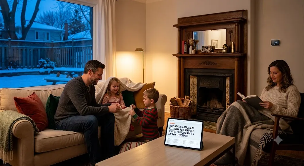 A cozy, warmly lit living room in winter where a family relaxes on a sofa near an electric thermostat, while a tablet on the coffee table displays an article about heating repair and energy efficiency.