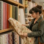 A woman in a green jacket examines a bolt of cream-colored floral fabric pulled from a wooden shelf packed with colorful fabric bolts in a fabric store.