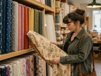 A woman in a green jacket examines a bolt of cream-colored floral fabric pulled from a wooden shelf packed with colorful fabric bolts in a fabric store.