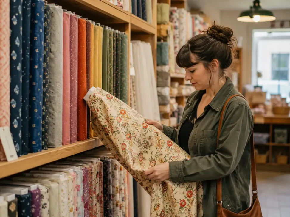 A woman with her hair in a bun stands in a fabric store, closely examining a bolt of cream-colored floral fabric pulled from a shelf packed with colorful textiles.