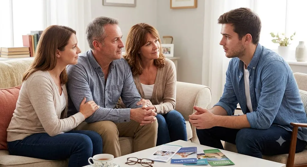 A young man sits opposite his parents and a family friend in a well-lit living room, engaging in a serious and supportive group discussion. A coffee table in front of them holds various informational brochures and recovery resources, suggesting a conversation about addiction treatment or intervention.