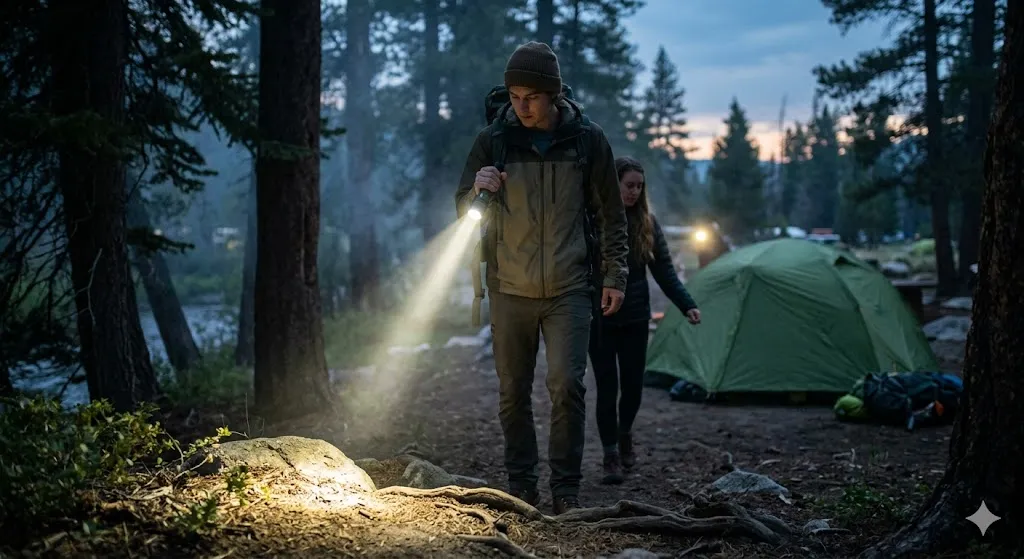 A male camper in a beanie uses a powerful flashlight to illuminate a rocky, root-filled forest path at dusk while hiking past a green tent.