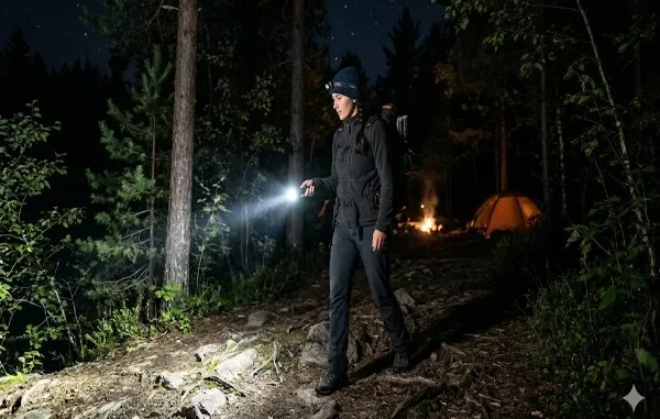 A female hiker wearing a beanie and backpack walks along a rocky forest path at night, illuminating the trail ahead with a bright handheld flashlight. An illuminated orange tent and campfire are visible in the background.