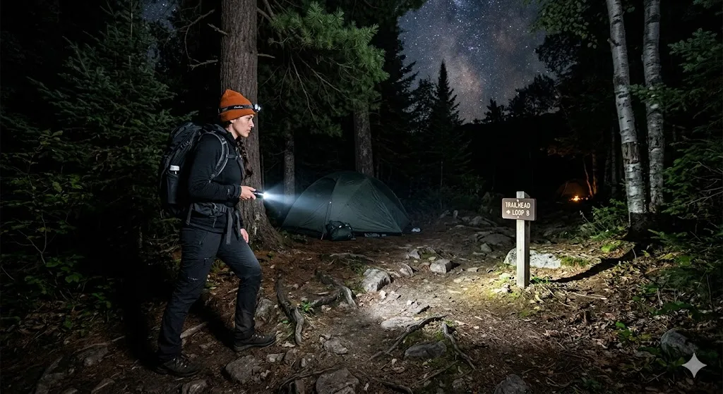 A female camper wearing a backpack and headlamp uses a powerful handheld flashlight to illuminate a rocky wooded trail and a 'Trailhead Loop 8' sign at night near a tent.