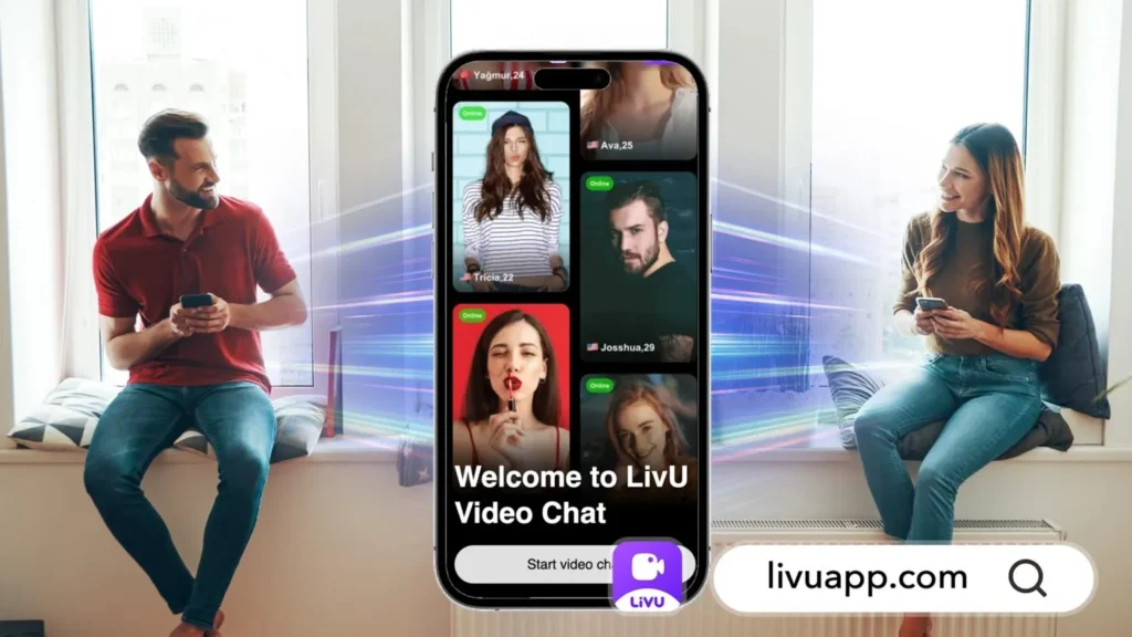 A man and a woman sitting by windows, smiling and looking at their phones, connected by a central smartphone screen showing the LivU video chat app interface.