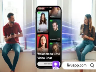 A man and a woman sitting on separate windowsills, smiling while looking at their smartphones, flanking a large central smartphone screen that displays the LivU video chat app interface. Colorful digital light streaks connect the two people to the phone, symbolizing online connection.