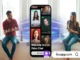 A man and a woman sitting on separate windowsills, smiling while looking at their smartphones, flanking a large central smartphone screen that displays the LivU video chat app interface. Colorful digital light streaks connect the two people to the phone, symbolizing online connection.