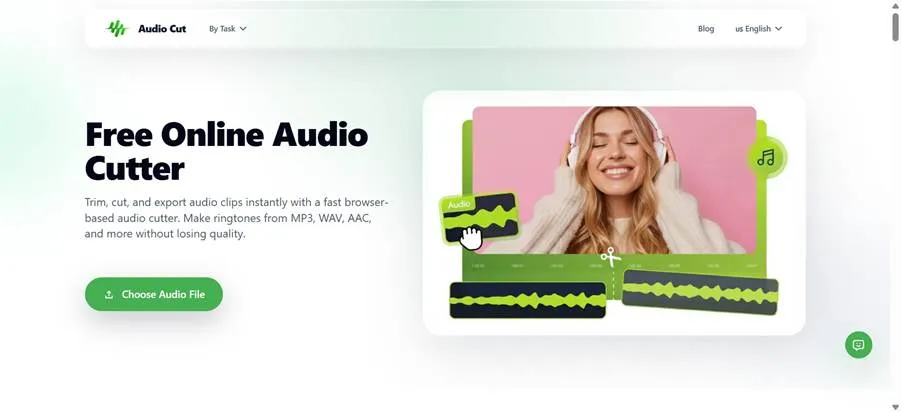 Screenshot of the Audio Cut website interface showing the Free Online Audio Cutter tool with a 'Choose Audio File' button and a graphic of a woman listening to music next to an audio waveform being trimmed.