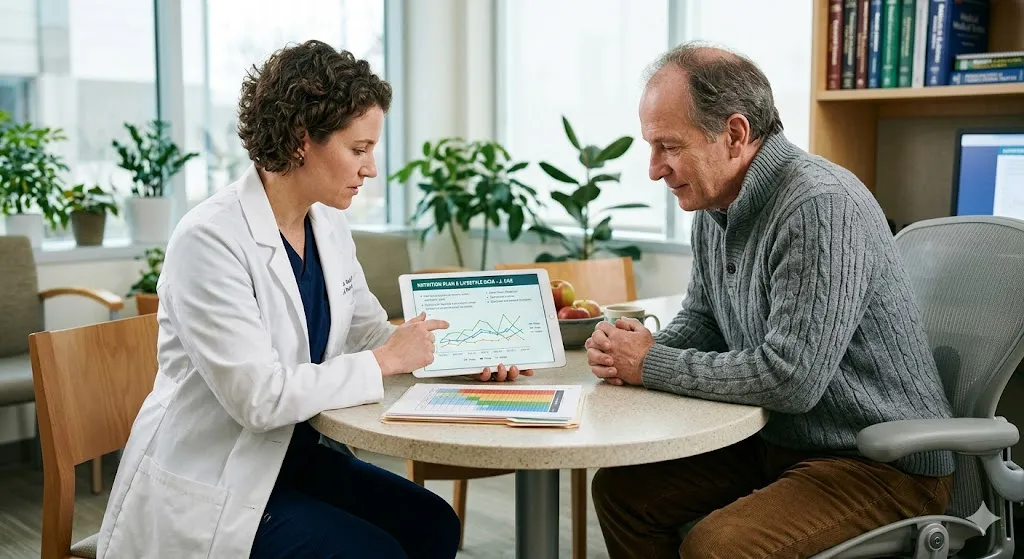 A healthcare practitioner sitting with a patient and reviewing health charts