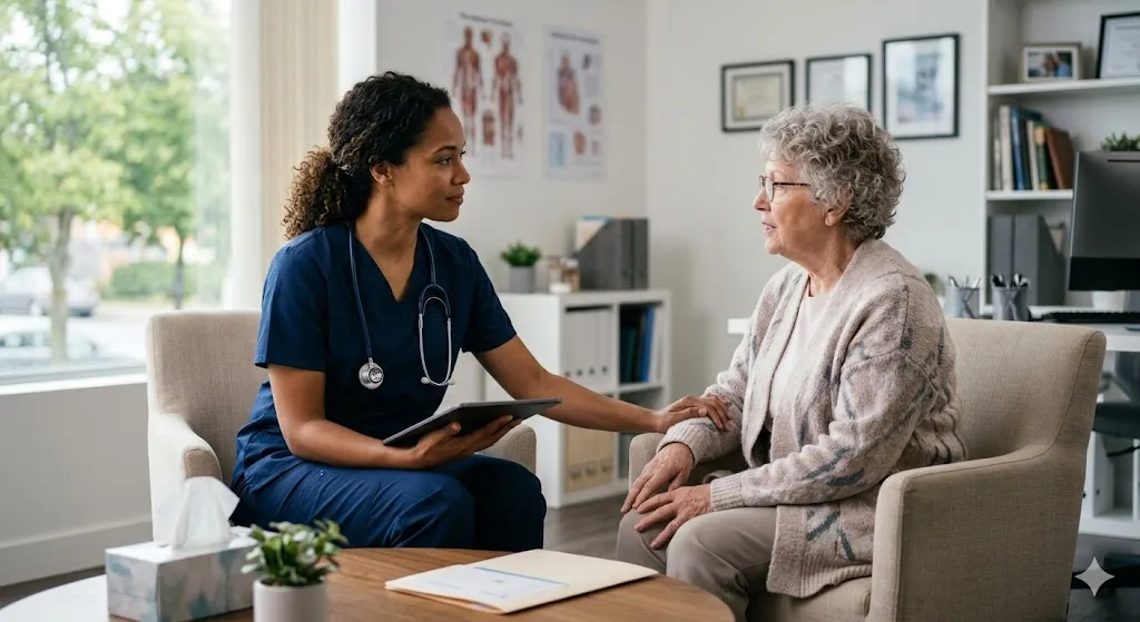 healthcare practitioner sitting with a patient