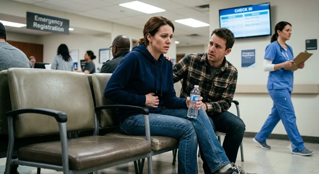 A concerned woman sits in a busy hospital emergency room waiting area, holding her abdomen in discomfort with no visible external injuries. A supportive man sits next to her, holding a water bottle and looking at her anxiously, while a nurse in blue scrubs walks past in the background near an "Emergency Registration" sign.