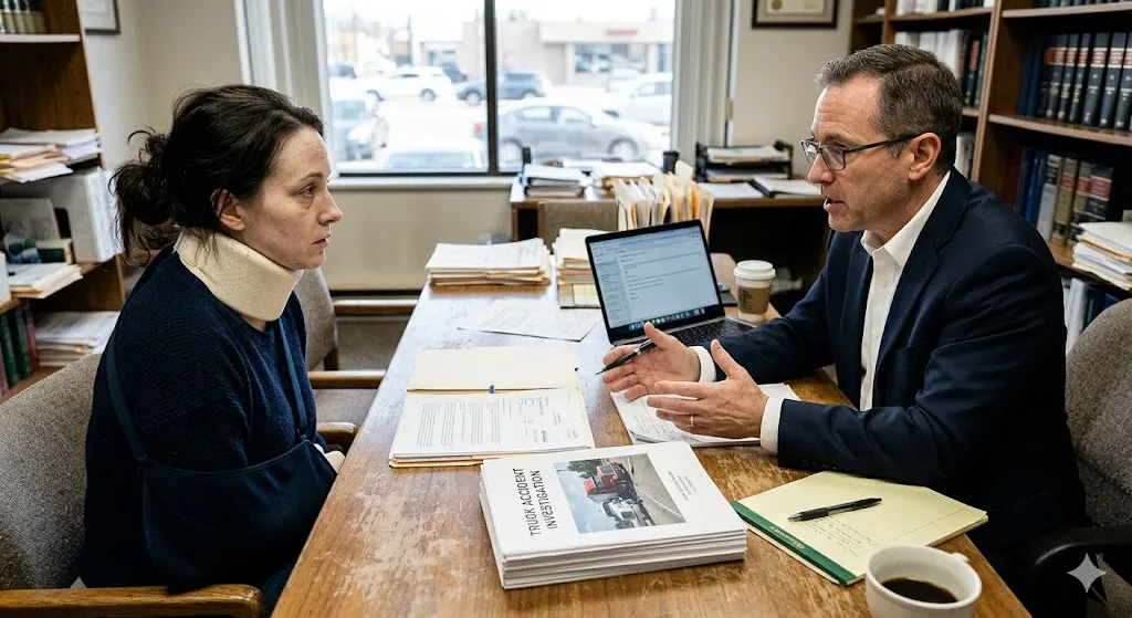 A woman wearing a neck brace and arm sling sits at a desk across from a truck accident attorney during a legal consultation. The attorney gestures toward a folder labeled "Truck Accident Investigation" containing documentation and a photo of a semi-truck crash.