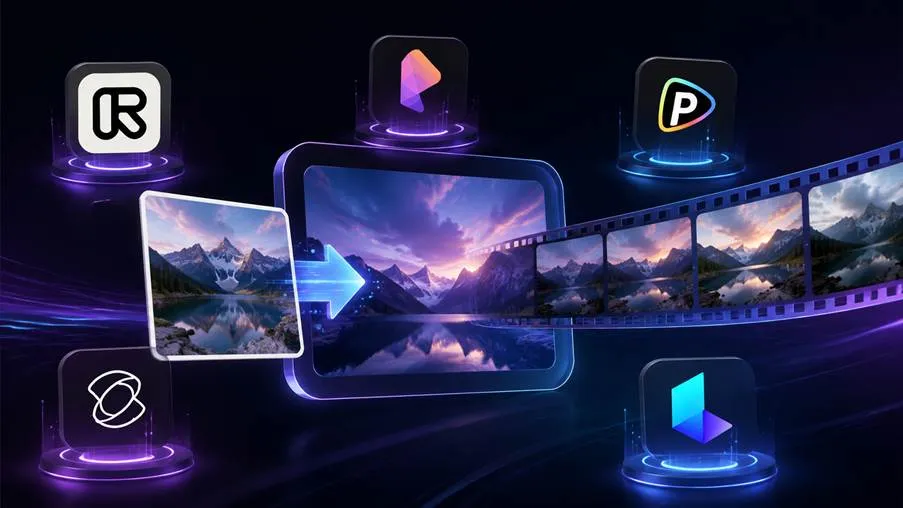 A digital graphic showcasing the process of converting a static image into a moving video using AI. A still photo of a mountain reflection transforms through a central screen into a film strip, surrounded by five glowing app icon pedestals including Runway, Luma Dream Machine, Pika, and Stable Video Diffusion on a futuristic dark background.